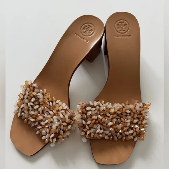 Tory Burch Brown and Cream Beaded Slide Mules - Picture 2 of 5